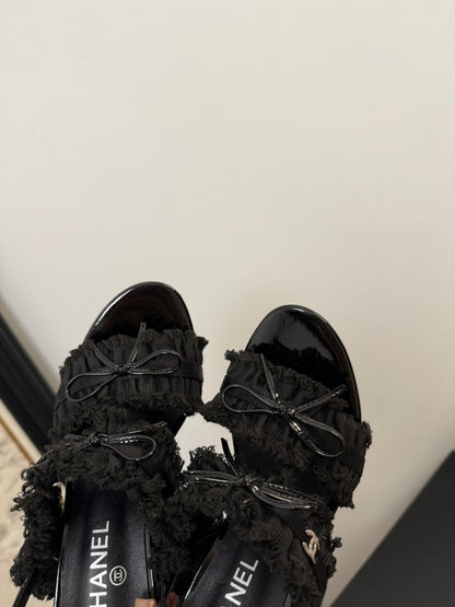 BLACK GROSGRAIN CANVAS BOW SLINGBACK SANDALS