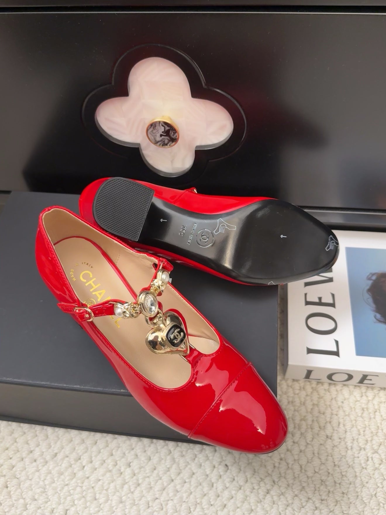MARY JANE SHOES IN RUBY RED PATENT CALFSKIN 55 MM