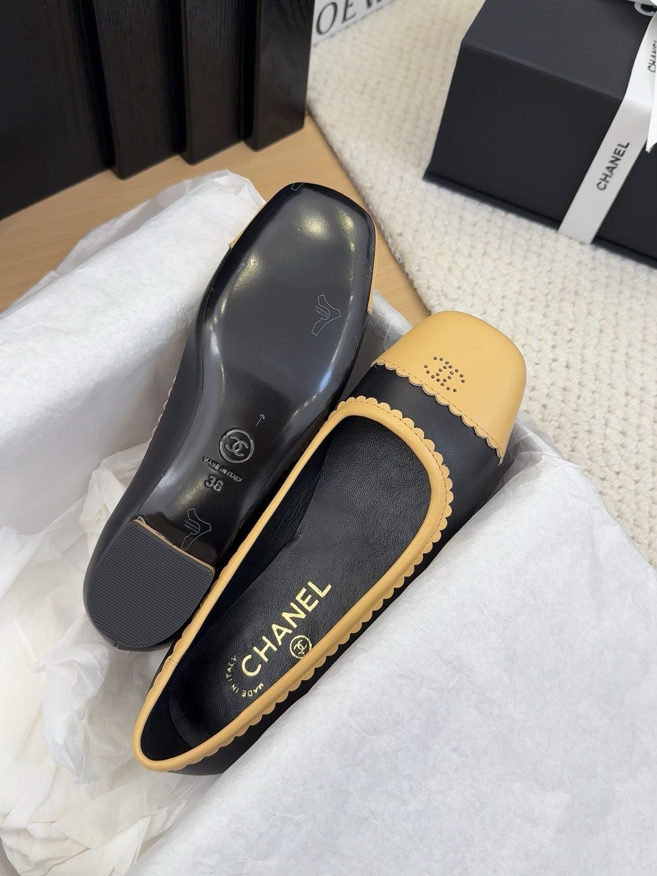 BALLET FLAT IN BLACK MIX PEANUT BROWN CALFSKIN