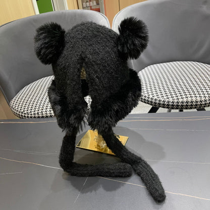 BEANIE HAT IN BLACK WOOL AND LAMB FUR 427792