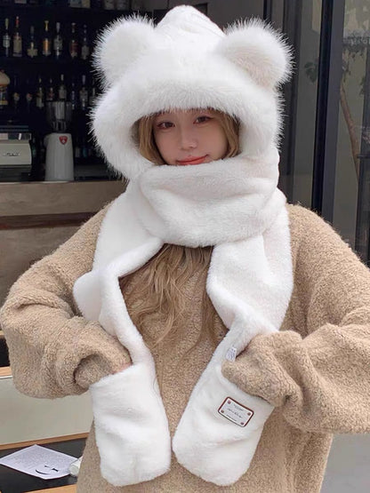 PLUSH WARM HAT IN WHITE RABBIT FUR WITH FOX EARS 439587
