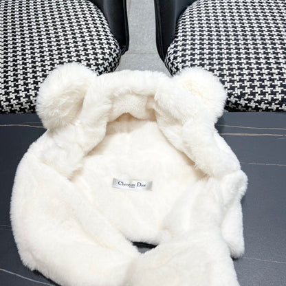 PLUSH WARM HAT IN WHITE RABBIT FUR WITH FOX EARS 439587