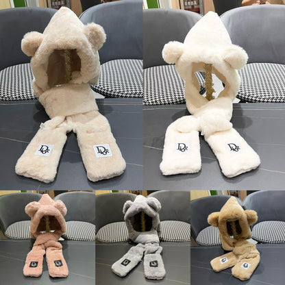 PLUSH WARM HAT IN BEIGE RABBIT FUR WITH FOX EARS 439588