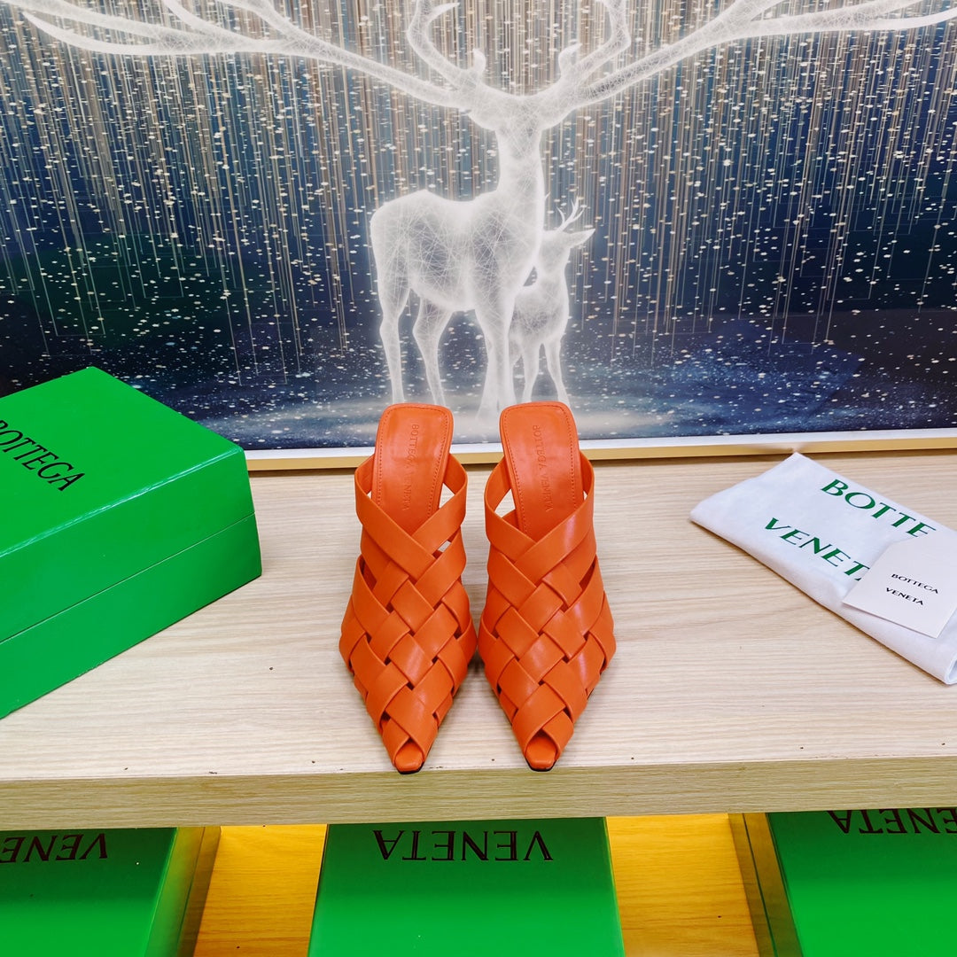 ALFIE LEATHER HIGH MULES IN VIVID ORANGE CALFSKIN WITH WOVEN DESIGN