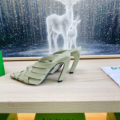 ALFIE LEATHER HIGH MULES IN PEARL GRAY CALFSKIN WITH WOVEN DESIGN