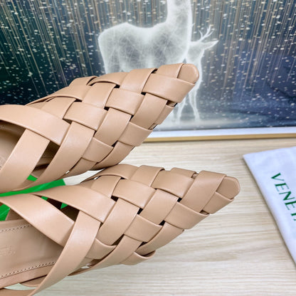 ALFIE LEATHER HIGH MULES IN CAMEL BEIGE CALFSKIN WITH WOVEN DESIGN