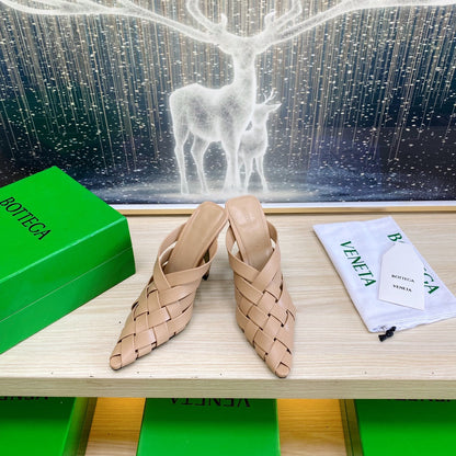 ALFIE LEATHER HIGH MULES IN CAMEL BEIGE CALFSKIN WITH WOVEN DESIGN