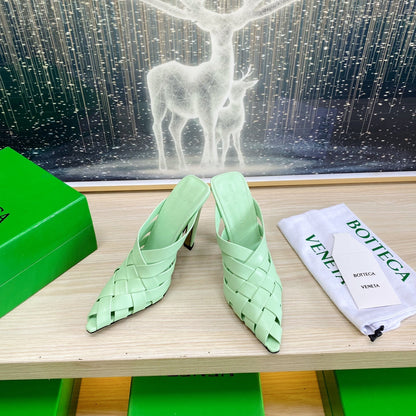 ALFIE LEATHER HIGH MULES IN GREEN MINT CALFSKIN WITH WOVEN DESIGN