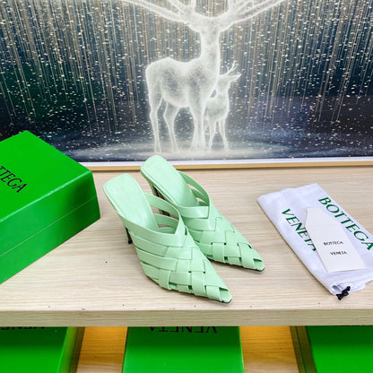 ALFIE LEATHER HIGH MULES IN GREEN MINT CALFSKIN WITH WOVEN DESIGN