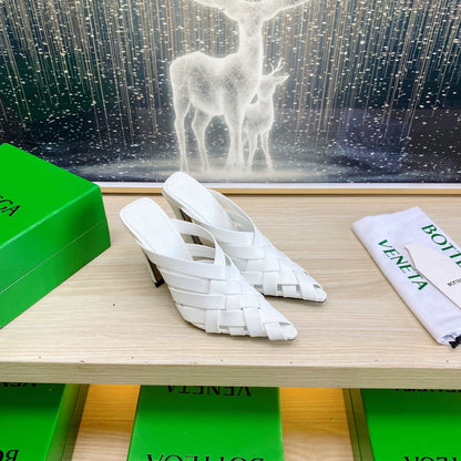 ALFIE LEATHER HIGH MULES IN WHITE CALFSKIN WITH WOVEN DESIGN