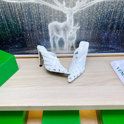 ALFIE LEATHER HIGH MULES IN WHITE CALFSKIN WITH WOVEN DESIGN