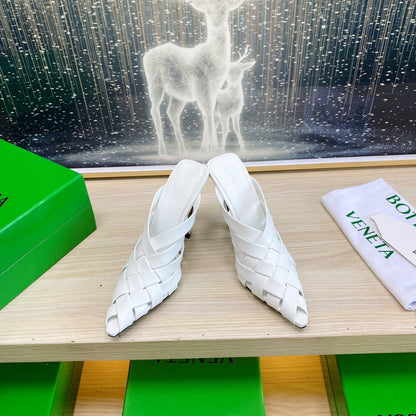 ALFIE LEATHER HIGH MULES IN WHITE CALFSKIN WITH WOVEN DESIGN