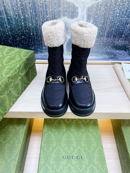 HORSEBIT ANKLE BOOTS WITH MERINO TRIM IN BLACK NYLON MIX CALFSKIN