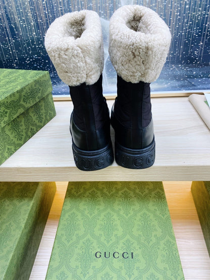 HORSEBIT ANKLE BOOTS WITH MERINO TRIM IN BLACK NYLON MIX CALFSKIN