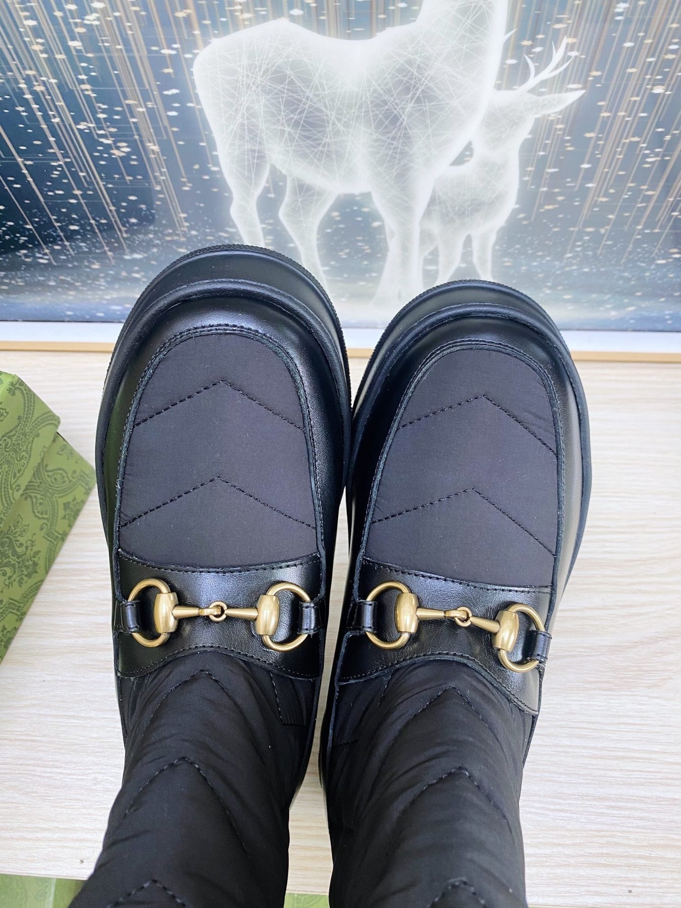 HORSEBIT ANKLE BOOTS WITH MERINO TRIM IN BLACK NYLON MIX CALFSKIN