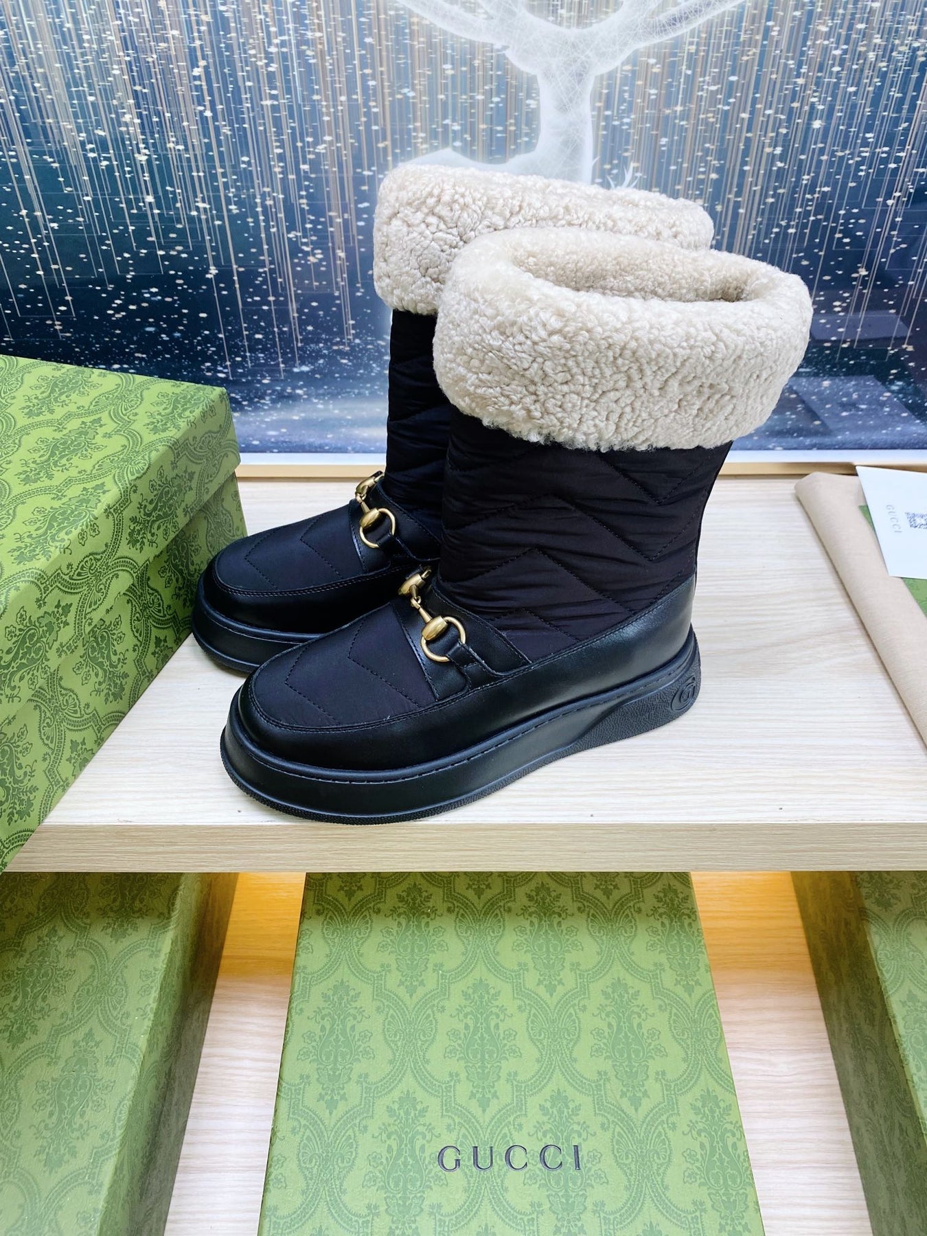 HORSEBIT ANKLE BOOTS WITH MERINO TRIM IN BLACK NYLON MIX CALFSKIN