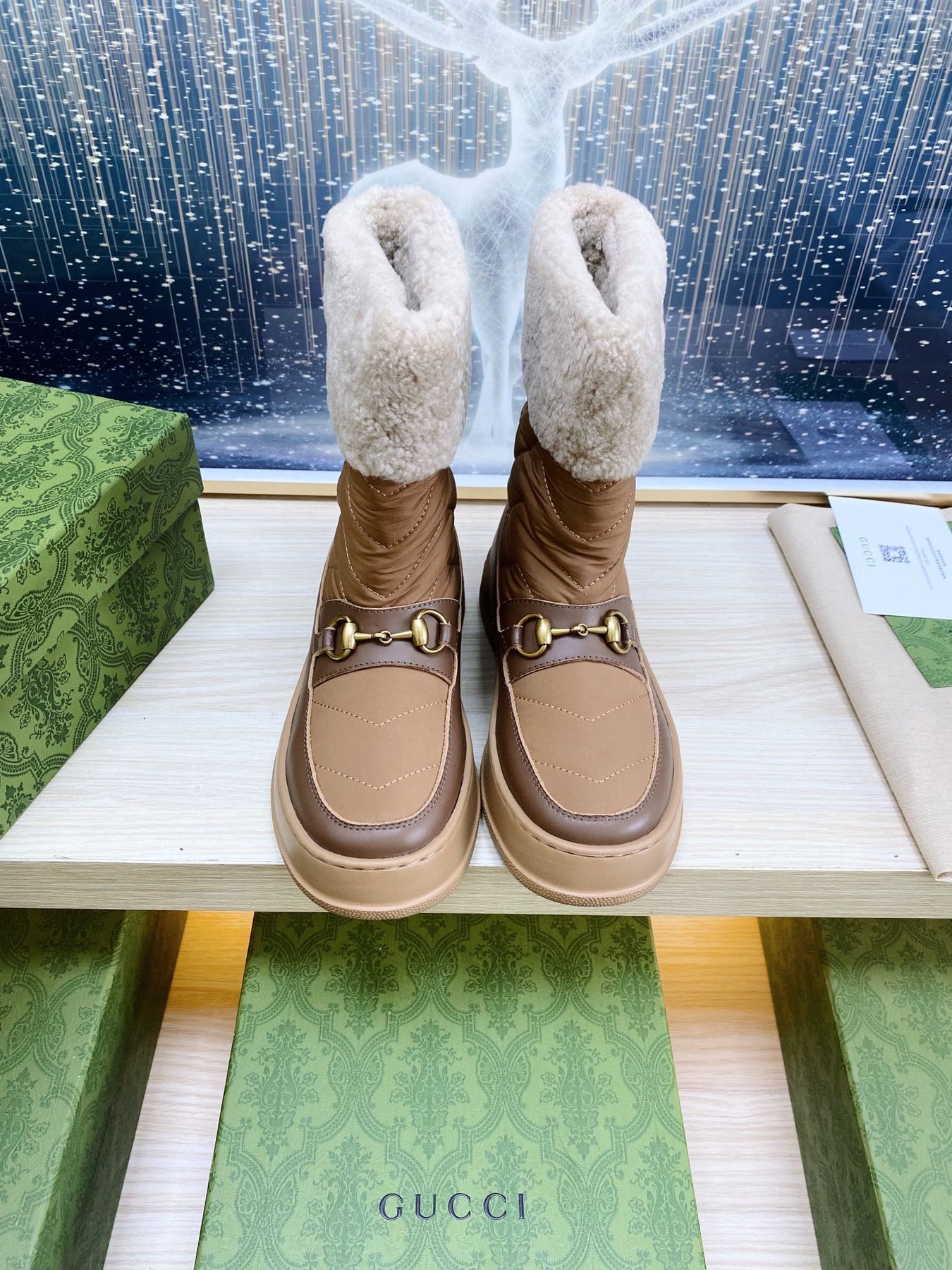 HORSEBIT ANKLE BOOTS WITH MERINO TRIM IN BROWN NYLON MIX CALFSKIN