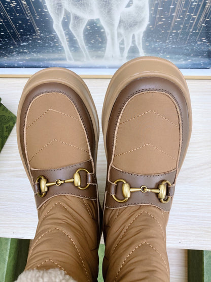 HORSEBIT ANKLE BOOTS WITH MERINO TRIM IN BROWN NYLON MIX CALFSKIN