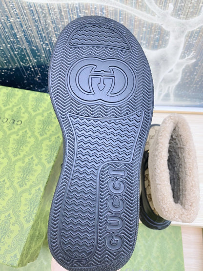 HORSEBIT ANKLE BOOTS WITH MERINO TRIM IN BEIGE JACQUARD FABRIC MIX BLACK CALFSKIN