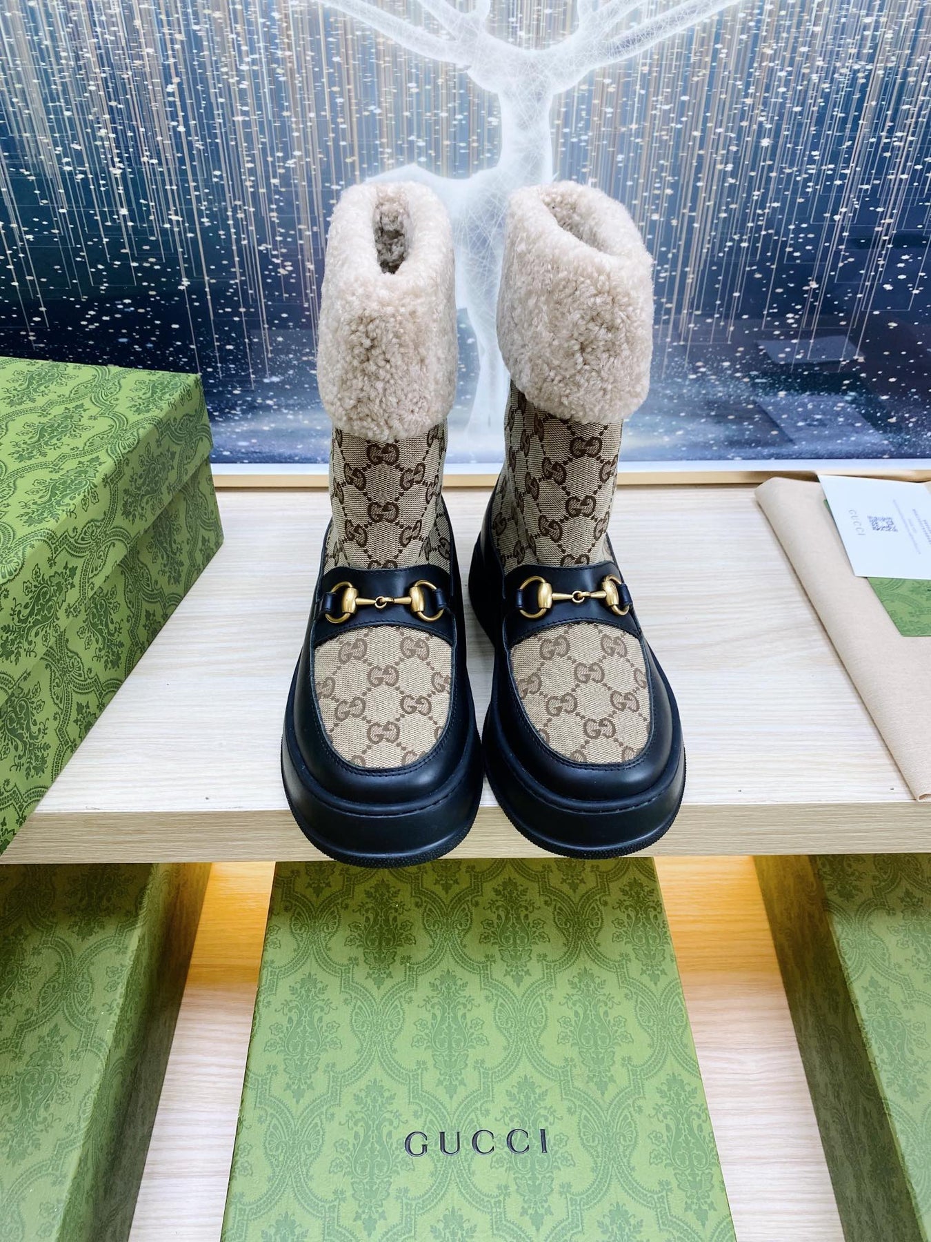 HORSEBIT ANKLE BOOTS WITH MERINO TRIM IN BEIGE JACQUARD FABRIC MIX BLACK CALFSKIN