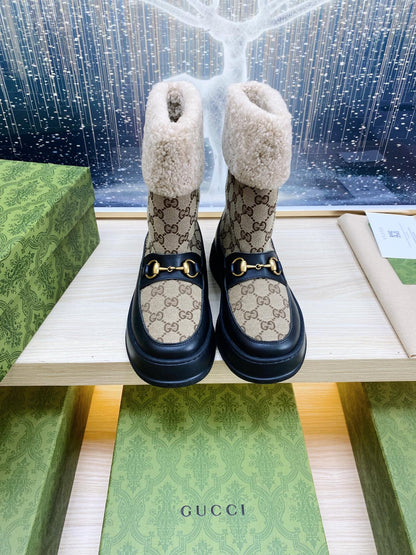 HORSEBIT ANKLE BOOTS WITH MERINO TRIM IN BEIGE JACQUARD FABRIC MIX BLACK CALFSKIN