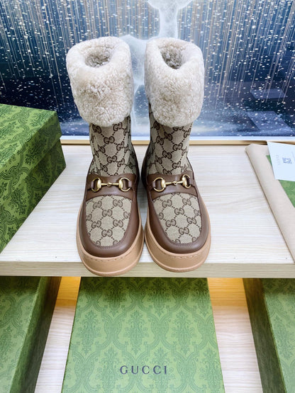 HORSEBIT ANKLE BOOTS WITH MERINO TRIM IN BEIGE JACQUARD FABRIC MIX BROWN CALFSKIN