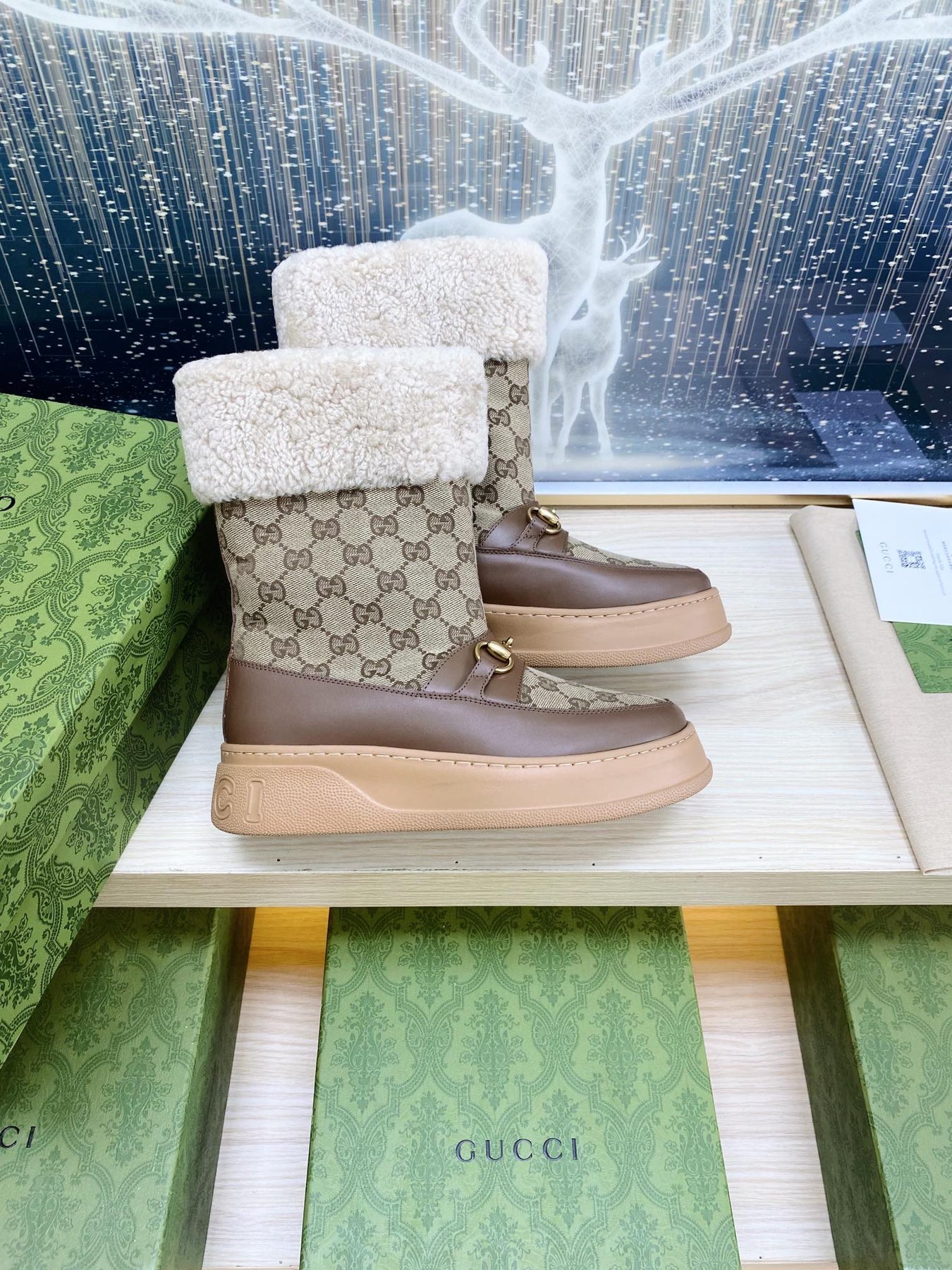 HORSEBIT ANKLE BOOTS WITH MERINO TRIM IN BEIGE JACQUARD FABRIC MIX BROWN CALFSKIN