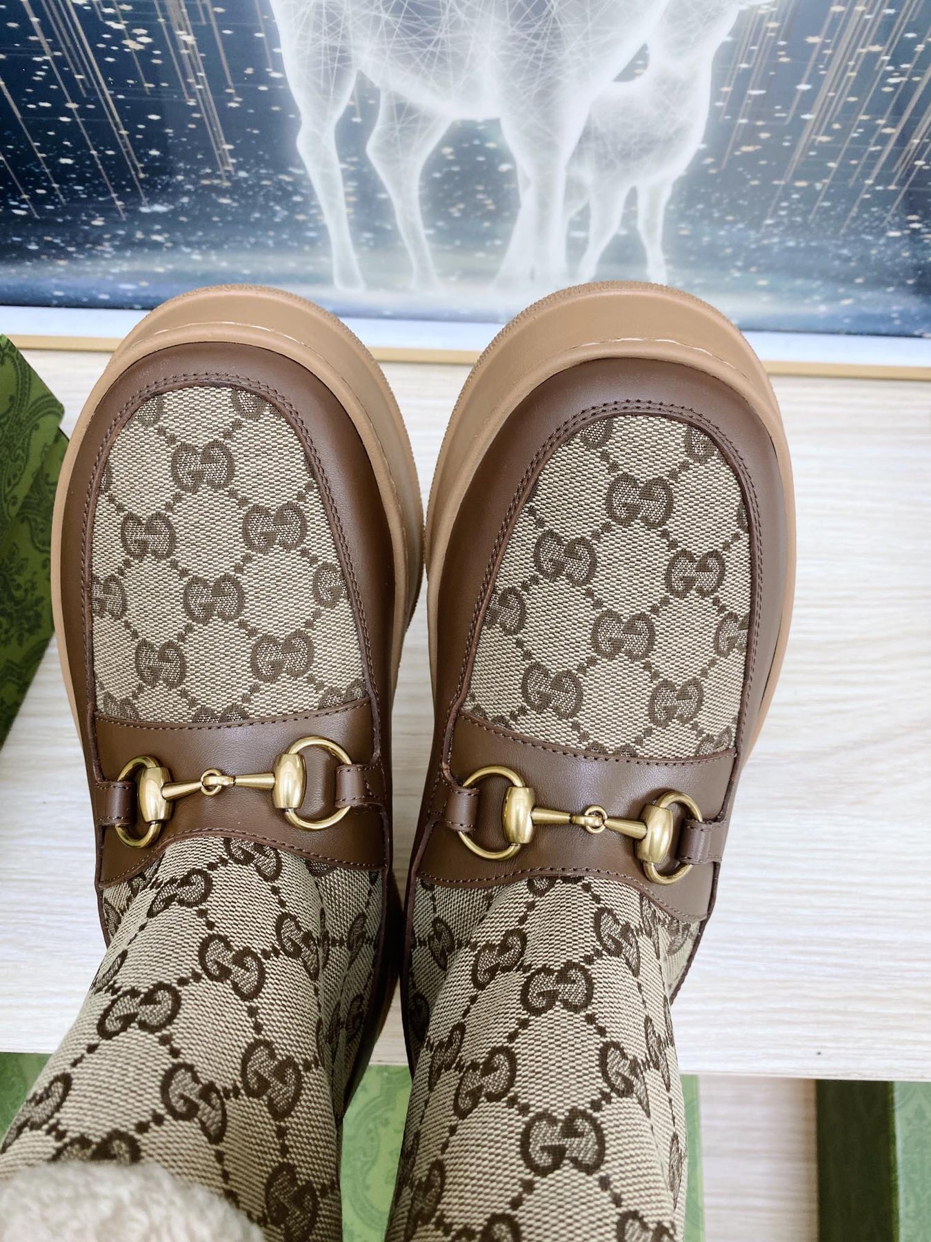 HORSEBIT ANKLE BOOTS WITH MERINO TRIM IN BEIGE JACQUARD FABRIC MIX BROWN CALFSKIN