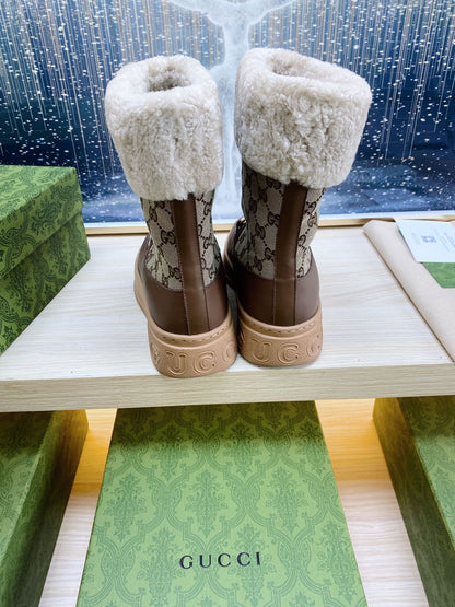 HORSEBIT ANKLE BOOTS WITH MERINO TRIM IN BEIGE JACQUARD FABRIC MIX BROWN CALFSKIN