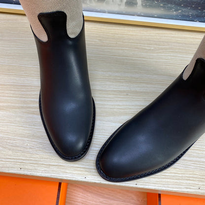 KNEE HIGH BOOTS IN BLACK CALFSKIN AND WHITE FABRIC