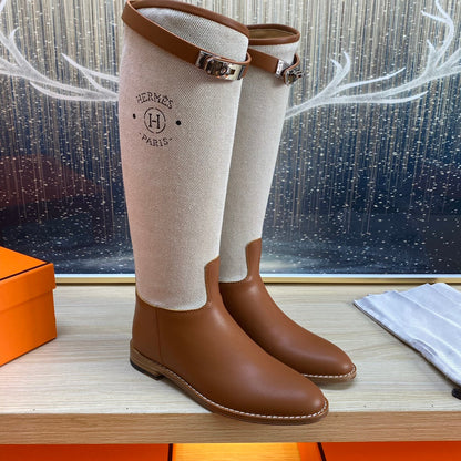 KNEE HIGH BOOTS IN BRONZE BROWN CALFSKIN AND WHITE FABRIC