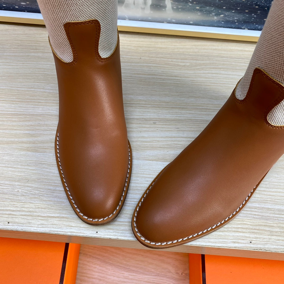 KNEE HIGH BOOTS IN BRONZE BROWN CALFSKIN AND WHITE FABRIC