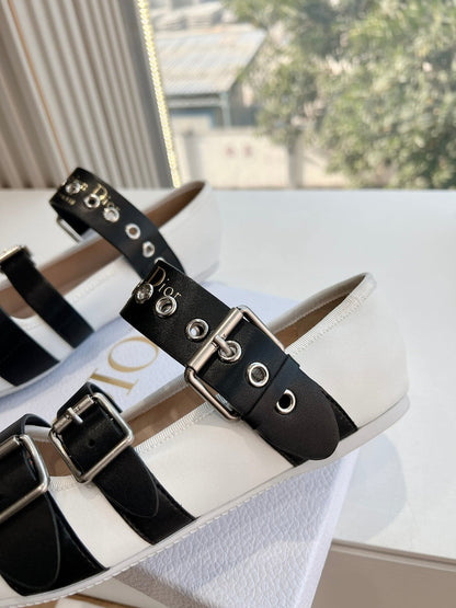 PUNK BALLET FLAT IN WHITE MIX BLACK SUPPLE CALFSKIN