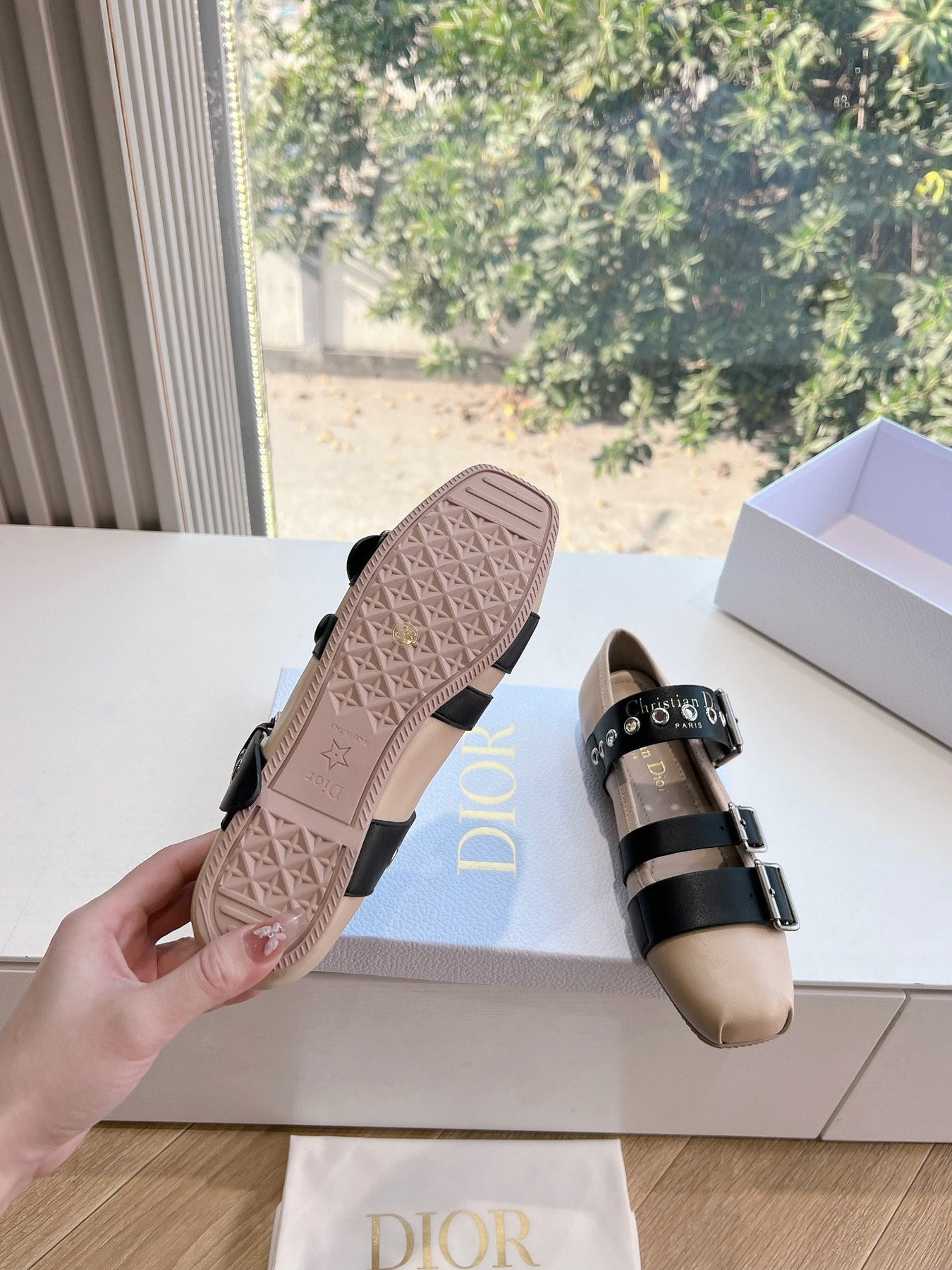 PUNK BALLET FLAT IN CAMEL BEIGE MIX BLACK SUPPLE CALFSKIN