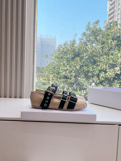 PUNK BALLET FLAT IN CAMEL BEIGE MIX BLACK SUPPLE CALFSKIN