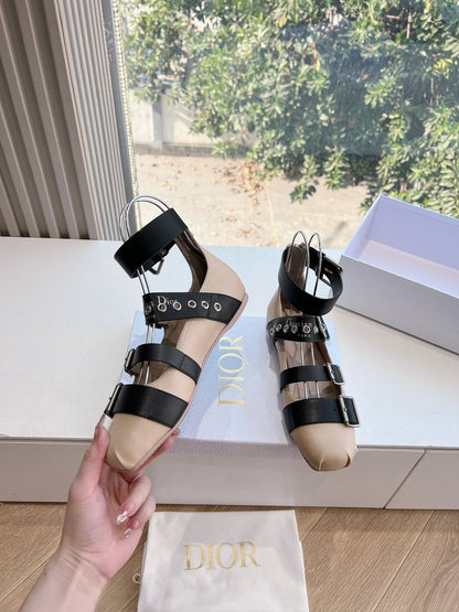 PUNK BALLET FLAT IN BLACK MIX CAMEL BEIGE CALFSKIN