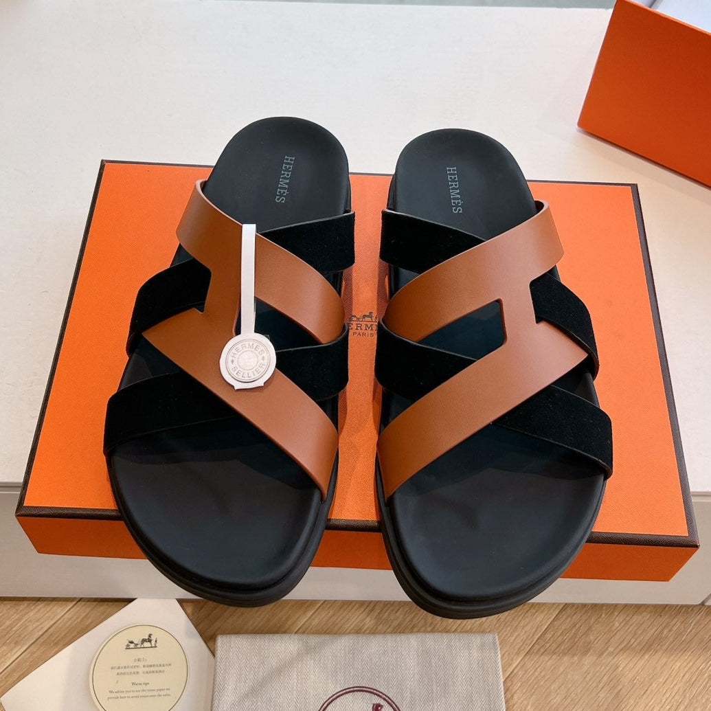 KAZIMIR SANDAL IN BRONZE BROWN CALFSKIN AND BLACK SUEDE