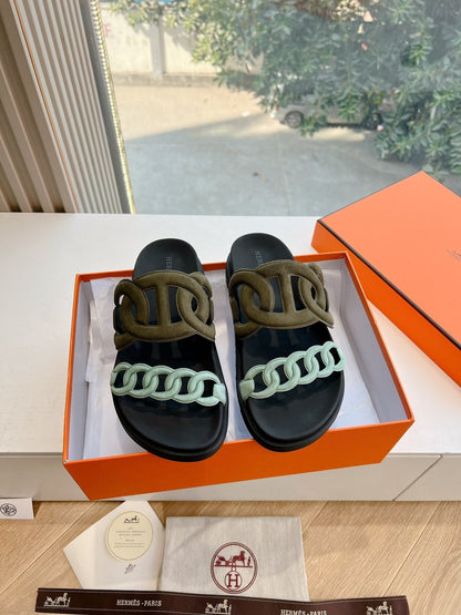 EXTRA SANDAL IN ARMY GREEN MIX ELECTRIC BLUE CALFSKIN