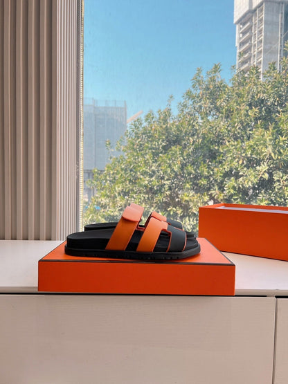 CHYPRE SANDAL IN VIVID ORANGE MIX BLACK CALFSKIN