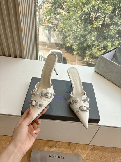 CRYSTAL BUCKLE WHITE CALFSKIN HEELED MULES