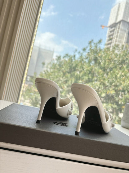 CRYSTAL BUCKLE WHITE CALFSKIN HEELED MULES
