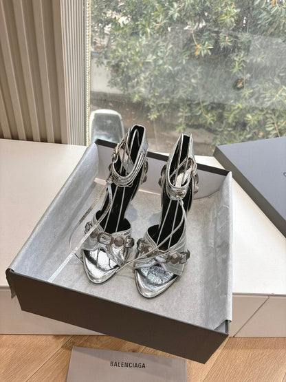 CAGOLE HIGH-HEEL SANDALS IN SILVER METALLIC LAMBSKIN