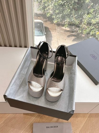 PLATFORM ANKLE STRAP HEELS IN BEIGE METALLIC ATTACHED RHINESTONES CALFSKIN