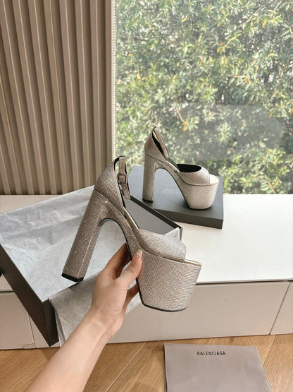PLATFORM ANKLE STRAP HEELS IN BEIGE METALLIC ATTACHED RHINESTONES CALFSKIN