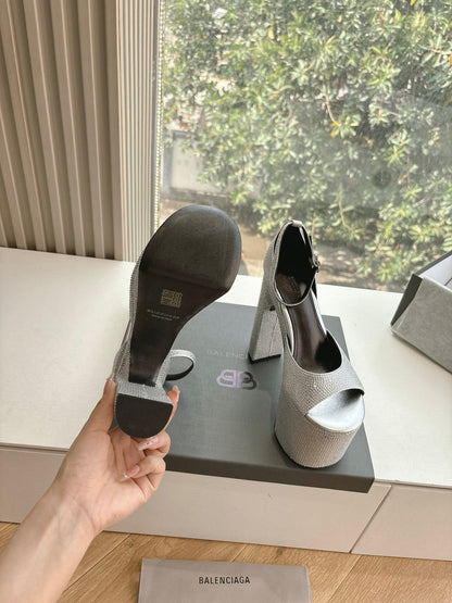 PLATFORM ANKLE STRAP HEELS IN SILVER METALLIC ATTACHED RHINESTONES CALFSKIN