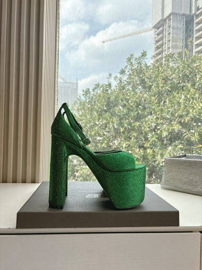 PLATFORM ANKLE STRAP HEELS IN GREEN METALLIC ATTACHED RHINESTONES CALFSKIN