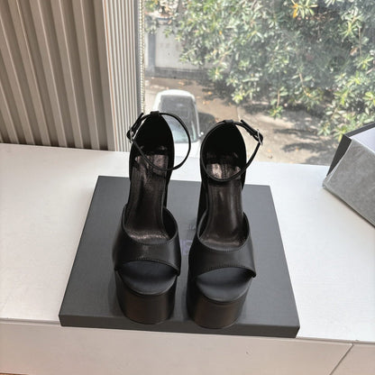 PLATFORM ANKLE STRAP HEELS IN BLACK SMOOTH CALFSKIN