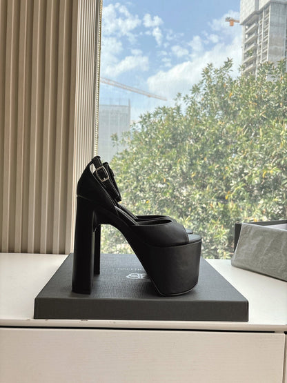 PLATFORM ANKLE STRAP HEELS IN BLACK SMOOTH CALFSKIN