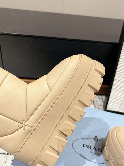 MONOLITH ANKLE BOOTS WITH STRAP IN BUFF BEIGE CALFSKIN AND FLEECE LINING