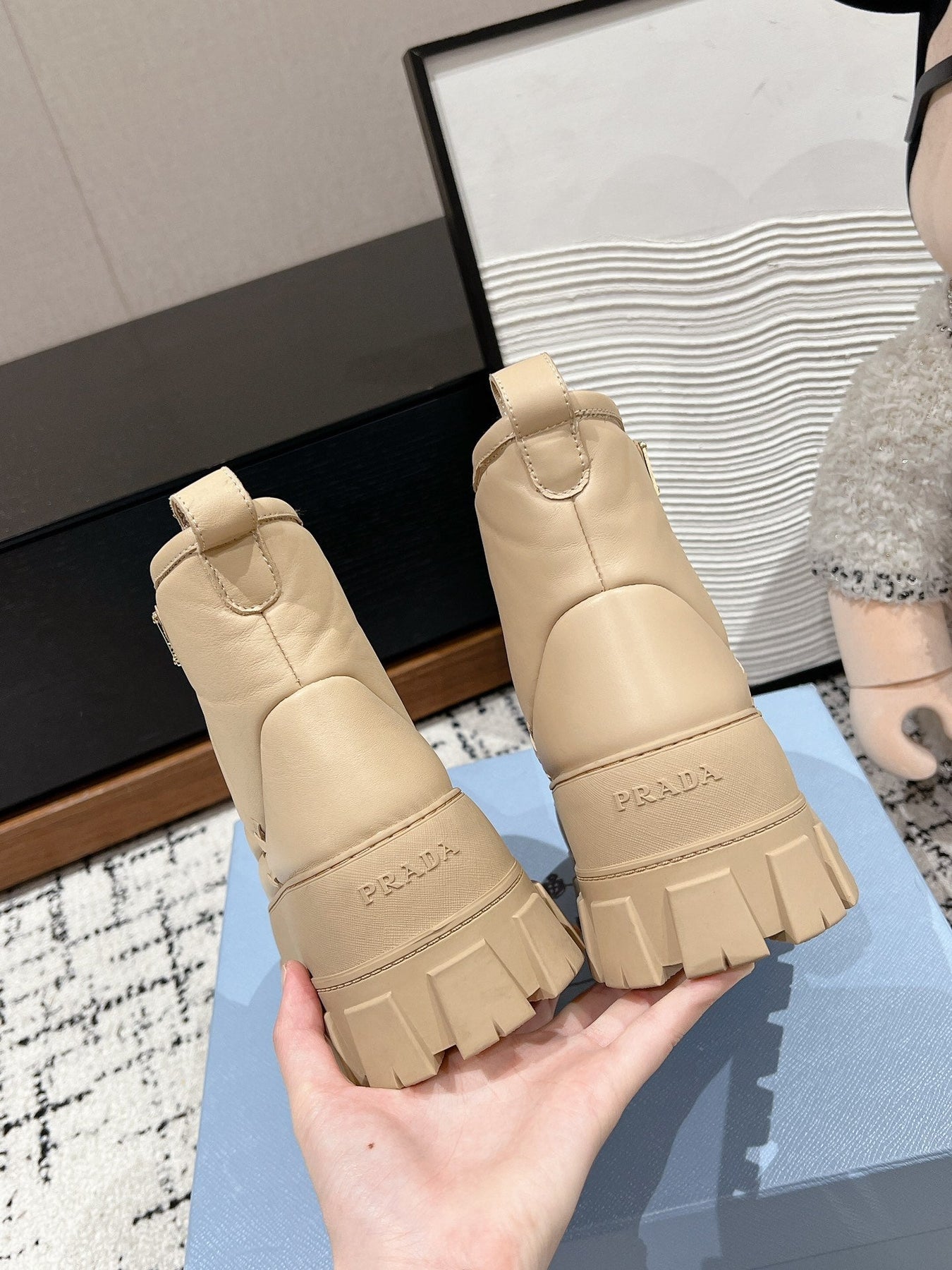 MONOLITH ANKLE BOOTS WITH STRAP IN BUFF BEIGE CALFSKIN AND FLEECE LINING